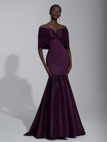 Elitara Elegant, Romantic, Sexy, Fashionable, Deep Purple, Satin Stretch Fabric, Fishtail Skirt, Train, Backless, Fashionable, Influencer, Festival, Vacation, Birthday Party, Wedding Event, Formal Gala Dress - Dark Purple - View 6