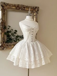 Lovelzi 优雅、浪漫、时尚的白色蕾丝和缎面拼接露肩收腰长裙，适合单身派对、婚礼、毕业典礼、度假、新娘送礼会