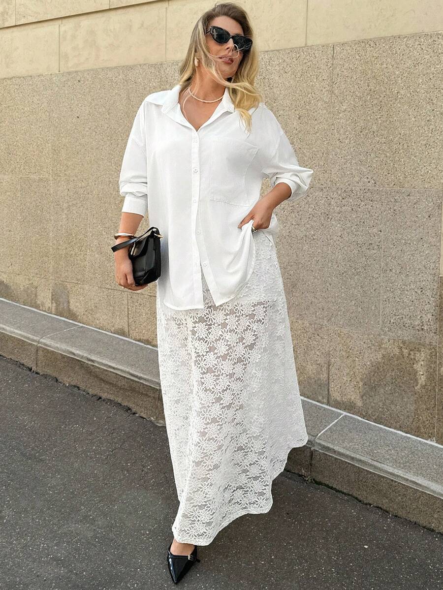Auralis Conjunto de 2 piezas de blusa de unicolor y falda de encaje para talla grande, casual y de uso diario - Blanco - Ver 1