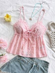 Soleia Women's Vacation Romantic Pink Lace Texture Ruffle Strap Camisole, Casual For Date, Afternoon Tea, Wedding Season, Beach, Cruise, City Trip, Party, Boho Vacation Pink Babydoll Top Pink Top Pink Lace Top Cute Tops Pink Top Pink Summer Top Summer Cute Tops