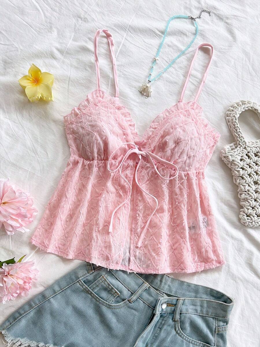 Soleia Women's Vacation Romantic Pink Lace Texture Ruffle Strap Camisole, Casual For Date, Afternoon Tea, Wedding Season, Beach, Cruise, City Trip, Party, Boho Vacation Pink Babydoll Top Pink Top Pink Lace Top Cute Tops Pink Top Pink Summer Top Summer Cute Tops - Pink - View 1