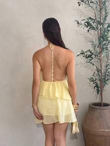 Andrea Bello 夏季海滩度假纯红色层叠荷叶蛋糕雪纺迷你连衣裙，适合日常约会、夜间外出、夜总会、派对、聚会、鸡尾酒会、泳池派对、返校季服装、学校季连衣裙、节日连衣裙、芭蕾舞裙 - 黃色 - 查看 2