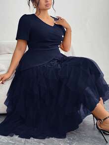 Ellevyn 大码女式纯色短款泡泡袖纽扣设计网眼下摆优雅连衣裙 - 藏蓝色 - 查看 4