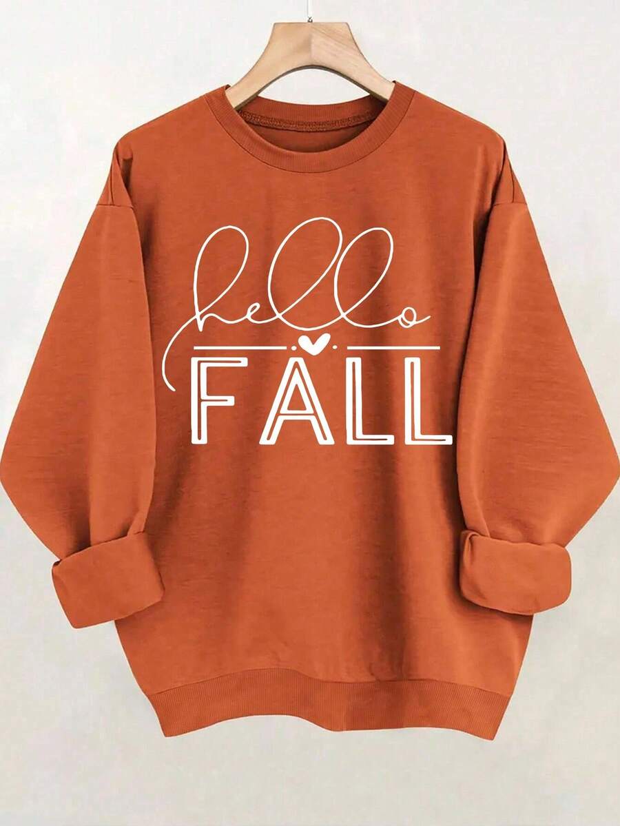 EMERY ROSE 秋冬大码街头风格图案印花长袖圆领卫衣 - 橘色 - 查看 1