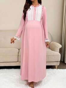 Slowluna Vestido de maternidad casual de manga larga con aplicaciones de encaje y adornos florales - Rosa - Ver 3