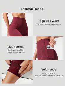 GLOWMODE 28" FeatherFit™-Warm High Waist Leggings With Side Pockets Low Impact Yoga Pilates Daily Autumn Winter - Burgundy - View 4