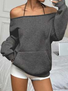 Flirla Women's Floral Print Off Shoulder Sweatshirt - Dark Grey - View 3