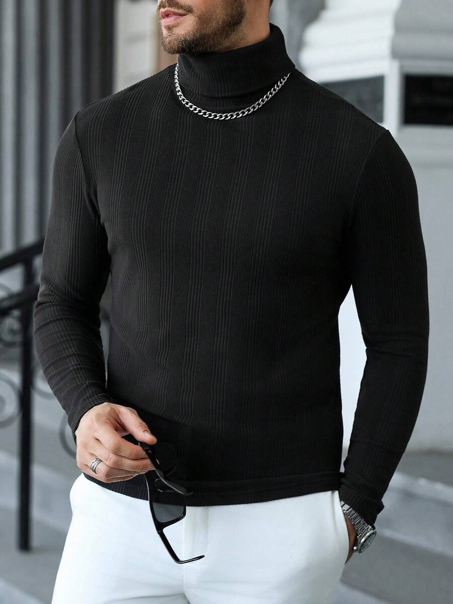 Manfinity CasualCool Men's Casual Solid Color Turtleneck Slim Fit Versatile Long Sleeve T-Shirt, Fall - Black - View 1