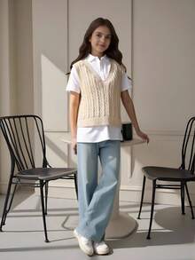SHEIN Tween Girl Cable Knit V Neck Sweater Vest