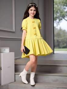 SHEIN Tween Girl Solid Color Puff Sleeve Bow Pleated Hem Dress,Holiday,Summer,Travel