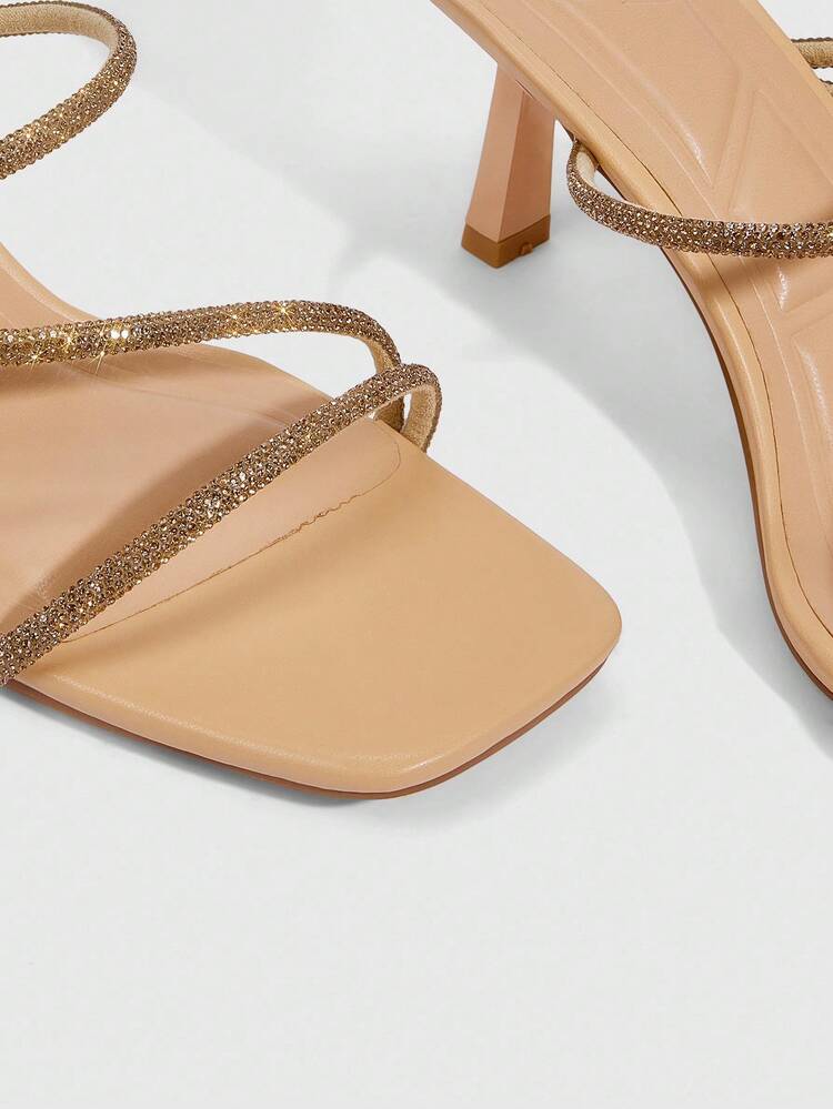 CUCCOO SZL 7cm Sandalias planas con tira de strass en punta, color albaricoque, para uso en verano y playa
