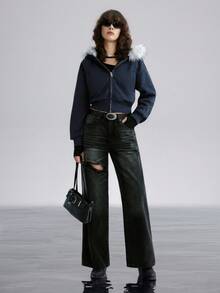 Airlisse 毛领短款拉链连帽卫衣夹克 - 藍色 - 查看 3