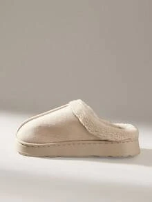 Solecia 女士厚底毛绒拖鞋，保暖毛绒衬里，防滑，适合室内/室外使用，冬季时尚休闲纯色家居鞋 - 米色 - 查看 3