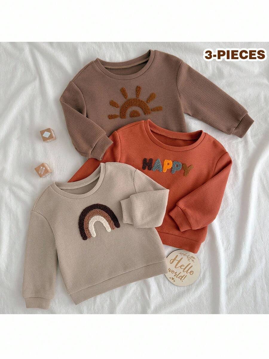 Loomiva 3件套女婴彩虹图案针织柔软圆领长袖套头衫套装