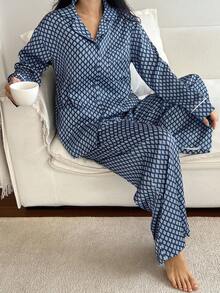 DAZY Geometric Floral Print Satin Women Pajama Set, Fall Winter Clothes - Blue - View 5