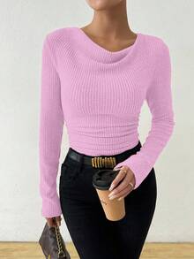 RosyDaze Vintage asymmetrisches drapiertes Hals strukturiertes gerüschtes figurbetontes Langarm T-Shirt Langarm Oberteil geripptes Oberteil Damen Langarm Oberteil figurbetontes Oberteil Schalkragen Oberteil - Pink - Übersicht 5