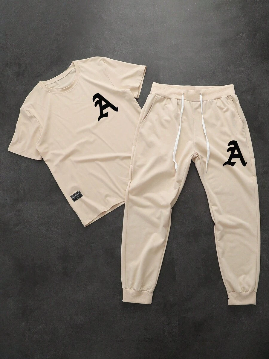 Manfinity Campus Court 男士休闲字母印花短袖T恤和裤子套装 - 卡其色 - 查看 1