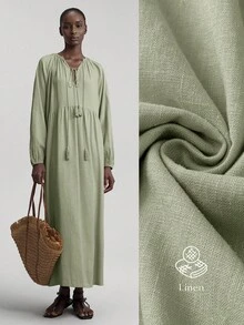 Ontre 2025 秋季女装纯色流苏领口灯笼袖休闲长裙，优雅连衣裙，适合度假、海滩、音乐节、万圣节、圣诞派对、乡村音乐会 - 綠色 - 查看 5