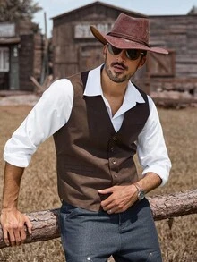 Manfinity Nomadique Men's Retro Solid Color Suede Casual Western Waistcoat, Rodeo Vintage Fleece