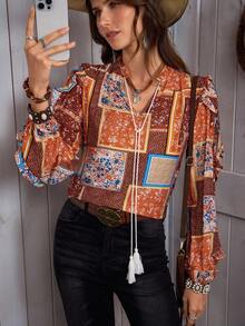LanaWest Women's Autumn/Winter New Retro Western Paisley Asymmetrical Print Notched Neck Frill Trim Long Sleeve Tie-Up Tassel Loose Bohemian Style Casual Versatile Blouse Fall Cloth For Women - Brown - View 1