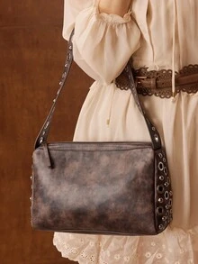 MOTF PREMIUM PU LEATHER RIVET SHOULDER BAG - Coffee Brown - View 2