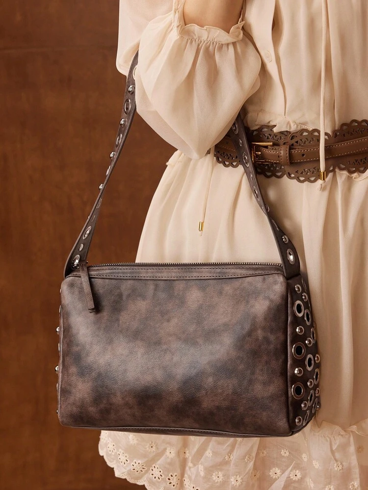 PU LEATHER RIVET SHOULDER BAG