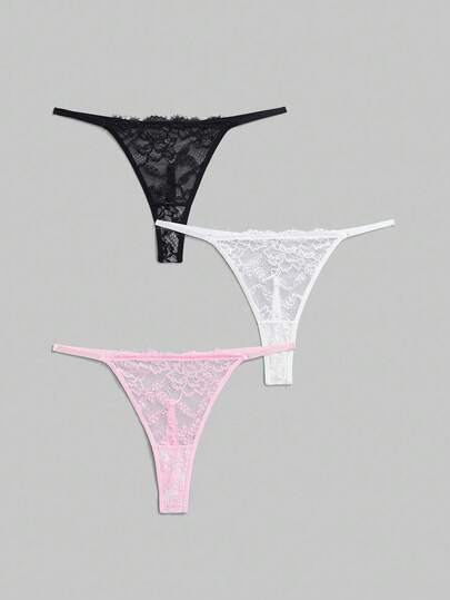 3pcs/Set Plus Size Lace Trim Heart Metal Decor Thong Panties