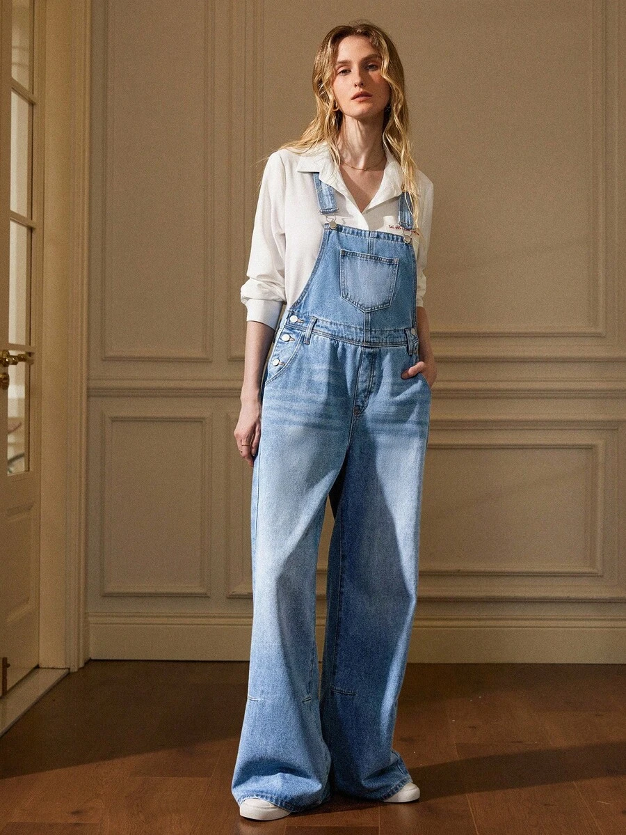 Écloséra Women's Casual Washed Loose Denim Bib Pants - Medium Wash - View 1