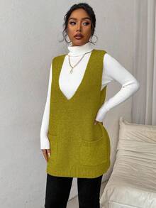 EMERY ROSE Women's Solid Color Deep V-Neck Pocket Design Casual Loose Knitted Vest, Autumn/Winter - Green - View 6