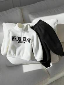 2pcs Baby Boy Black And White Tracksuit,Half-Zip Thermal Hoodie & Sweatpants Set,Back-To-School,Autumn,Casual,City Break,Cute Winter Fall Outfit - Black and White - View 4
