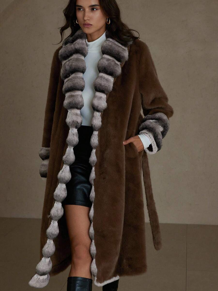 Aveloria Rosie Palton elegant și elegant, cu design minimalist și elegant, curea pentru talie, cu rever lung, subțire, din blană artificială, pentru femei - Maro - Vizualizare 1