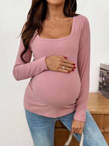 SHEIN قميص كاجوال بياقة مربعة وأكمام طويلة مخطط للحوامل