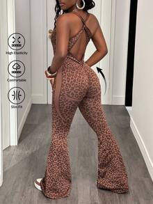 Slaydiva 1 件豹纹扭曲镂空后背深 V 喇叭连体裤 - 咖啡棕 - 查看 1