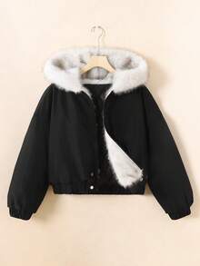 SHEIN Teen Girls' New Plush Collar Hooded Thick Fashion Jacket, Winter Versatile Hooded Padded Coat Fall - Black - View 1