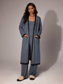 SHEIN Lazeform 拼色口袋上衣和裤子和睡袍 3 件套，休闲家居服适合户外穿着女士家居服睡衣套装带睡袍睡袍套装女士蓝色睡衣套装女士舒适优雅细节，秋季服装 - 霧霾藍 - 查看 1
