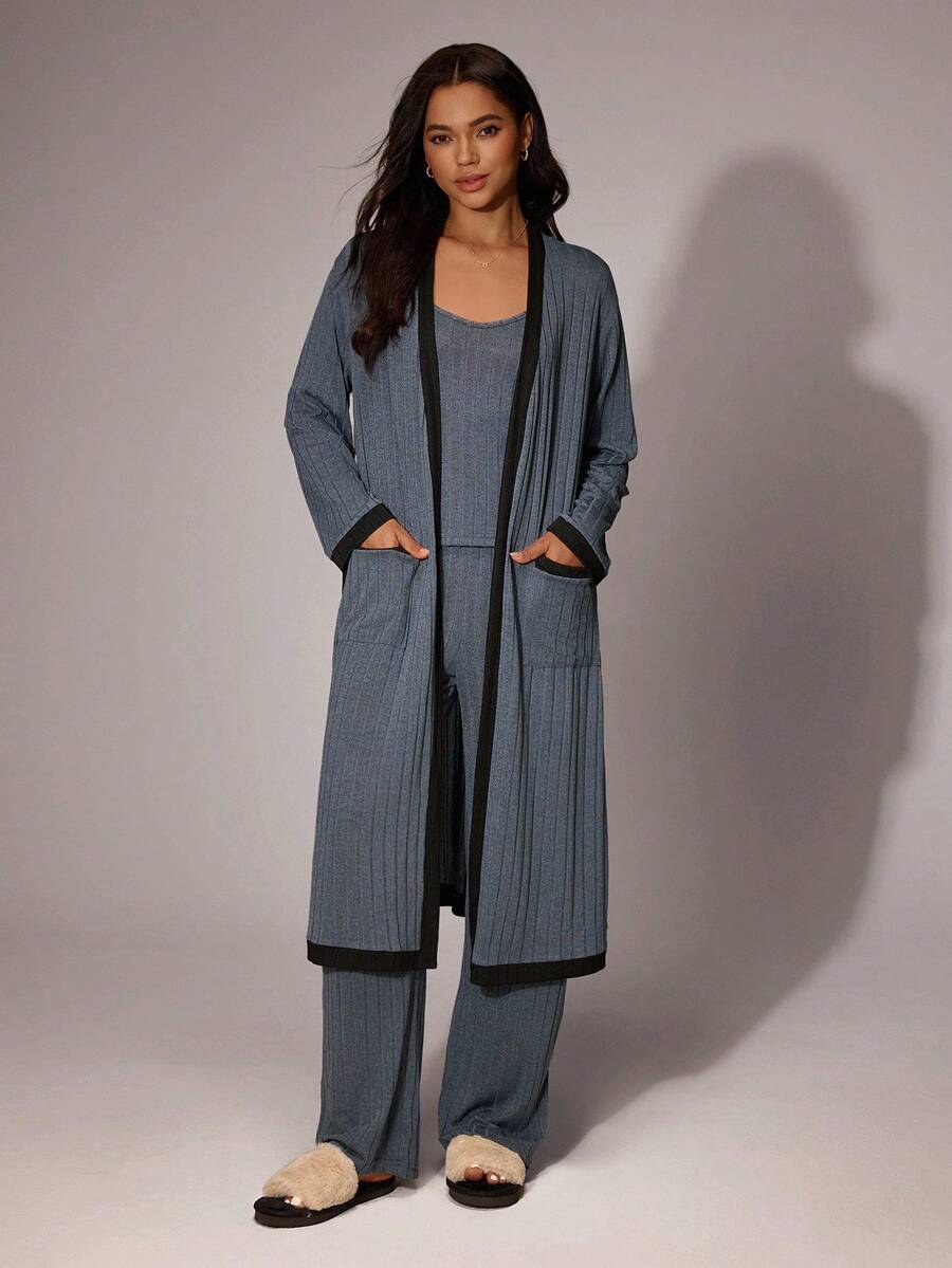 SHEIN Lazeform 拼色口袋上衣和裤子和睡袍 3 件套,休闲家居服适合户外穿着女士家居服睡衣套装带睡袍睡袍套装女士蓝色睡衣套装女士舒适优雅细节,秋季服装 - 霧霾藍 - 查看 1
