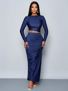 SOLERSUN 女士两件套纯色优雅休闲简约不对称领长袖 T 恤和修身褶皱侧开衩长裙两件套 - 藏蓝色 - 查看 5