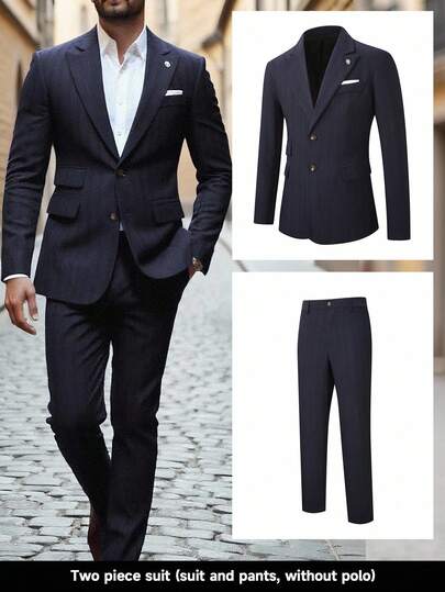 Manfinity Bizformal 2 piezas Conjunto de traje para hombre, top de manga larga y pantalones de unicolor, traje azul marino para hombre, traje de 2 piezas para hombre, traje de verano para hombre, traje casual para hombre, traje de viaje para hombre