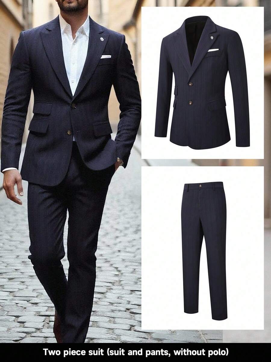 Manfinity Bizformal 2件套男士西装套装,纯色长袖上衣和裤子,男士海军蓝西装,男士两件套西装,男士夏季西装,男士休闲西装,男士旅游西装 - 藏蓝色 - 查看 1