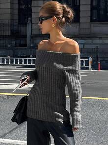Livesso Women's Sexy Off Shoulder Ribbed Knit Sweater, Fitted Silhouette, Casual & Fashionable, Suitable For Autumn & Winter - Grey - View 7