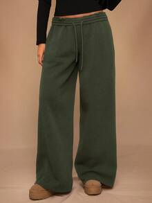 SHEIN Forever 21 Autumn/Winter New Casual Thermal Lined Loose Elastic Waist Wide Leg Sweatpants - Army Green - View 3