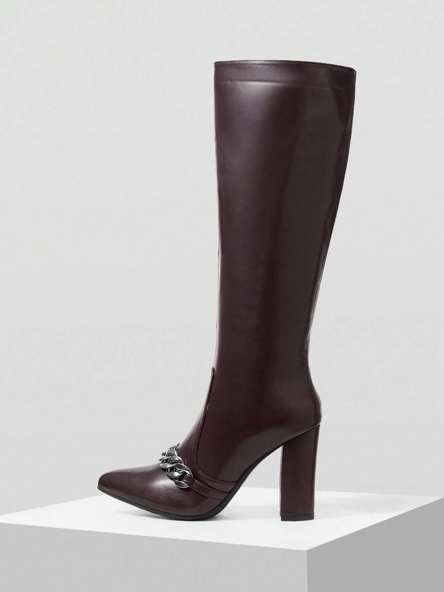 MOTF Bốt cao cổ da đen phong cách miền Tây cổ điển có khóa kéo kim loại - Màu Đỏ Sâu - Xem 2