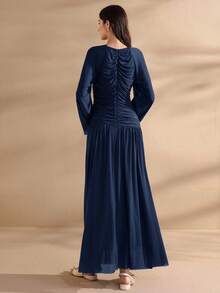 Graceveil Women's Extra Long Spring/Summer Mesh Knit Ruffle Hem Split Modest Elegant Charming Fashion Dress - Navy Blue - View 2