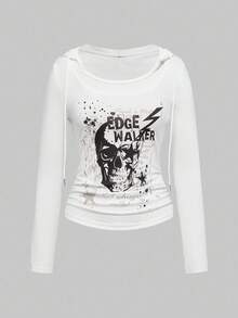 ROMWE Grunge Punk Vintage Y2K Skeleton & Pentagram Print Tight Fit Long Sleeve Hoodie T-Shirt For Women - White - View 1