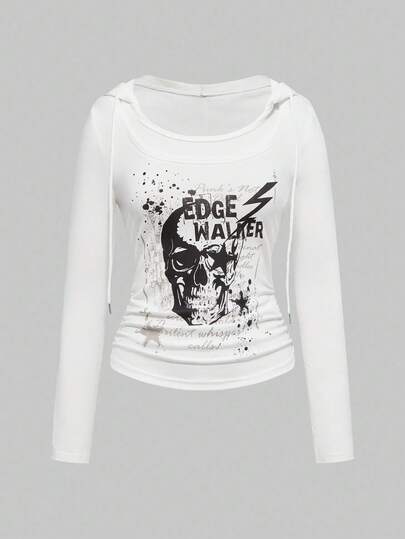 Grunge Punk Vintage Y2K Skeleton & Pentagram Print Tight Fit Long Sleeve Hoodie T-Shirt For Women