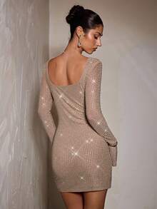 SHEIN BAE Autumn Solid Color Nude Color Rhinestone Crystal Shiny Long Sleeve Square Neck Bodycon Mini Dress, Nude Color Dress, Elegant Dress Suitable For Party, Nightclub, Cocktail Party, Banquet, Night Out, Ball,Halloween, Christmas,Winter Dress Women ,Fall Clothes For Women,Christmas Party Dress,New Year Dress,Elegant Dress Women,Wedding Guest Dress, Sequin Dress