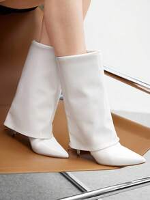 CUCCOO BIZCHIC New Winter White Pointed Toe Slim Heel Back Zipper Fashion Versatile Sexy Knee-High Boots For Women