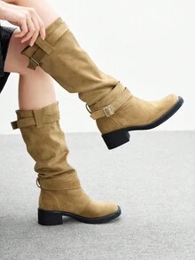 CUCCOO BIZCHIC 女式粗跟扣环及膝靴，日常穿着 - 卡其色 - 查看 5