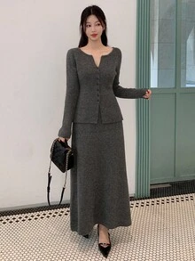 DAZY 女士纯色修身腰长袖开衫和 A 字裙优雅休闲秋冬两件套针织毛衣套装 - 灰色 - 查看 4