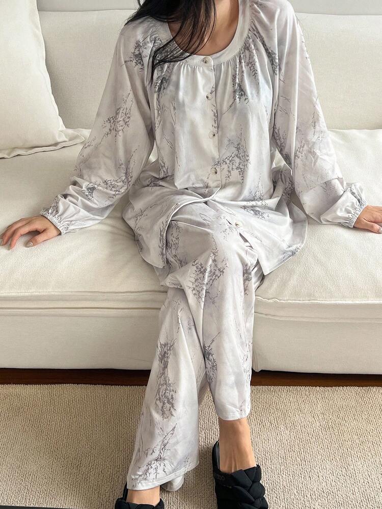 Tie-Dye Print Pleated Design Loose Women Pajama Set, Fall Clothes
